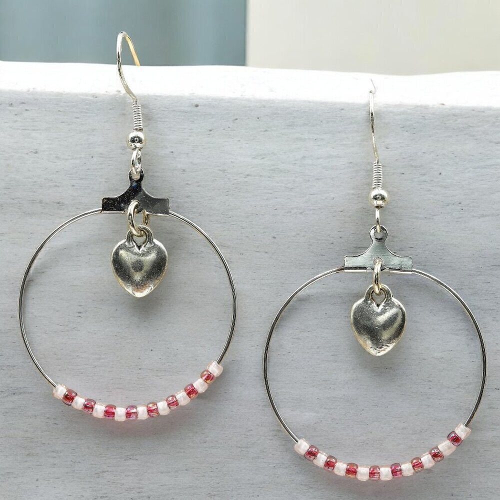 Silver Circle Hoop Heart Earrings Handmade